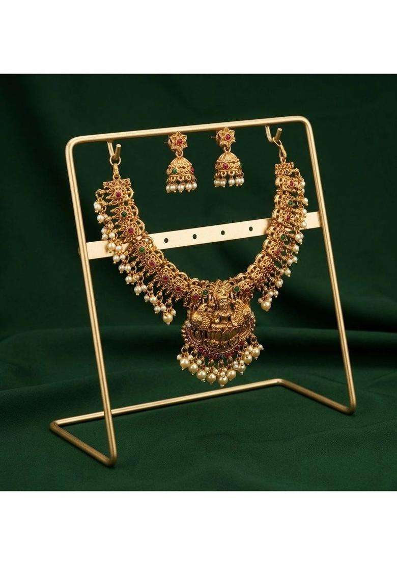 Gold-Plated Temple Stone Studded & Beaded Necklace and Earrings for Women | Traditional Temple Jewellery for Wedding & Festive Wear | Gift for Her - Indya