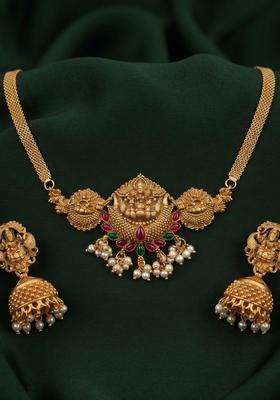 Gold-Plated Temple Pearl Necklace and Earrings for Women | Traditional Temple Jewellery for Wedding & Festive Wear | Gift for Her