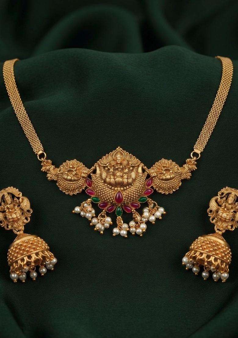 Gold-Plated Temple Pearl Necklace and Earrings for Women | Traditional Temple Jewellery for Wedding & Festive Wear | Gift for Her - Indya