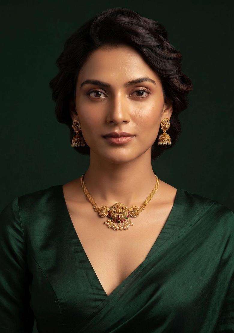 Gold-Plated Temple Pearl Necklace and Earrings for Women | Traditional Temple Jewellery for Wedding & Festive Wear | Gift for Her - Indya