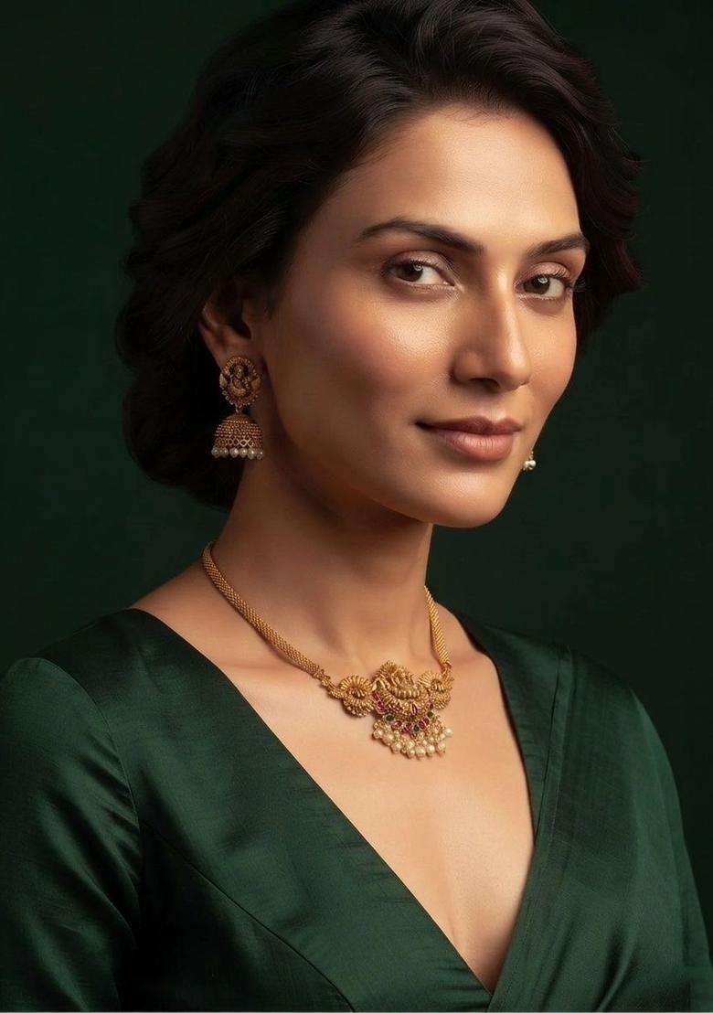 Gold-Plated Temple Pearl Necklace and Earrings for Women | Traditional Temple Jewellery for Wedding & Festive Wear | Gift for Her - Indya