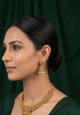 Gold-Plated Temple Stone Studded & Beaded Necklace and Earrings for Women | Traditional Temple Jewellery for Wedding & Festive Wear | Gift for Her