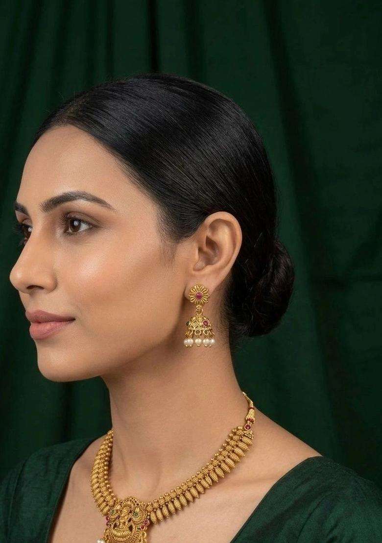 Gold-Plated Temple Stone Studded & Beaded Necklace and Earrings for Women | Traditional Temple Jewellery for Wedding & Festive Wear | Gift for Her - Indya