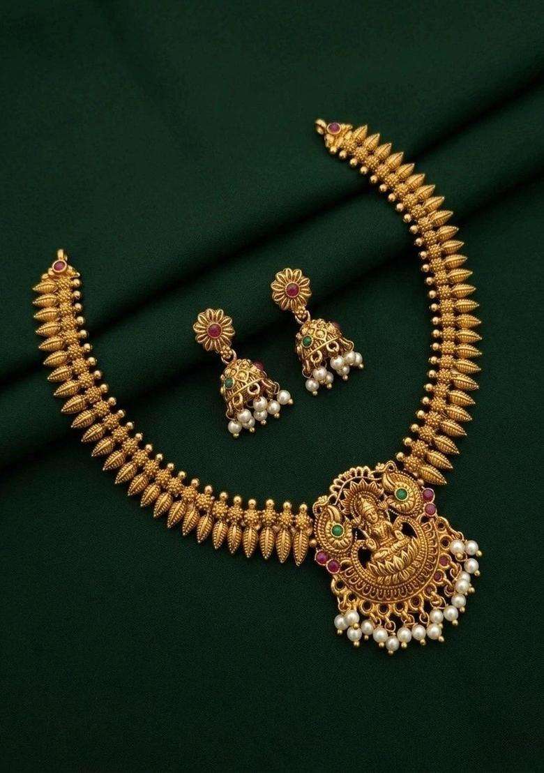 Gold-Plated Temple Stone Studded & Beaded Necklace and Earrings for Women | Traditional Temple Jewellery for Wedding & Festive Wear | Gift for Her - Indya
