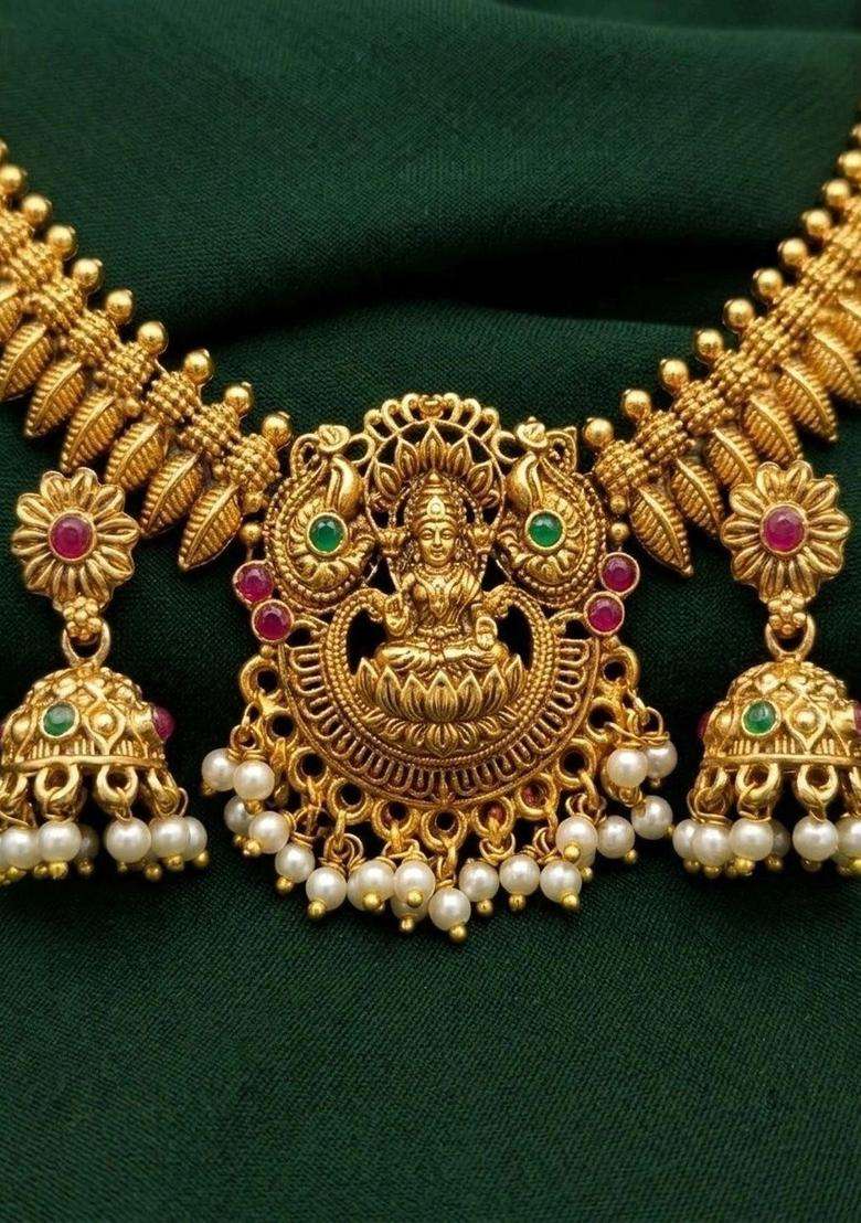 Gold-Plated Temple Stone Studded & Beaded Necklace and Earrings for Women | Traditional Temple Jewellery for Wedding & Festive Wear | Gift for Her - Indya