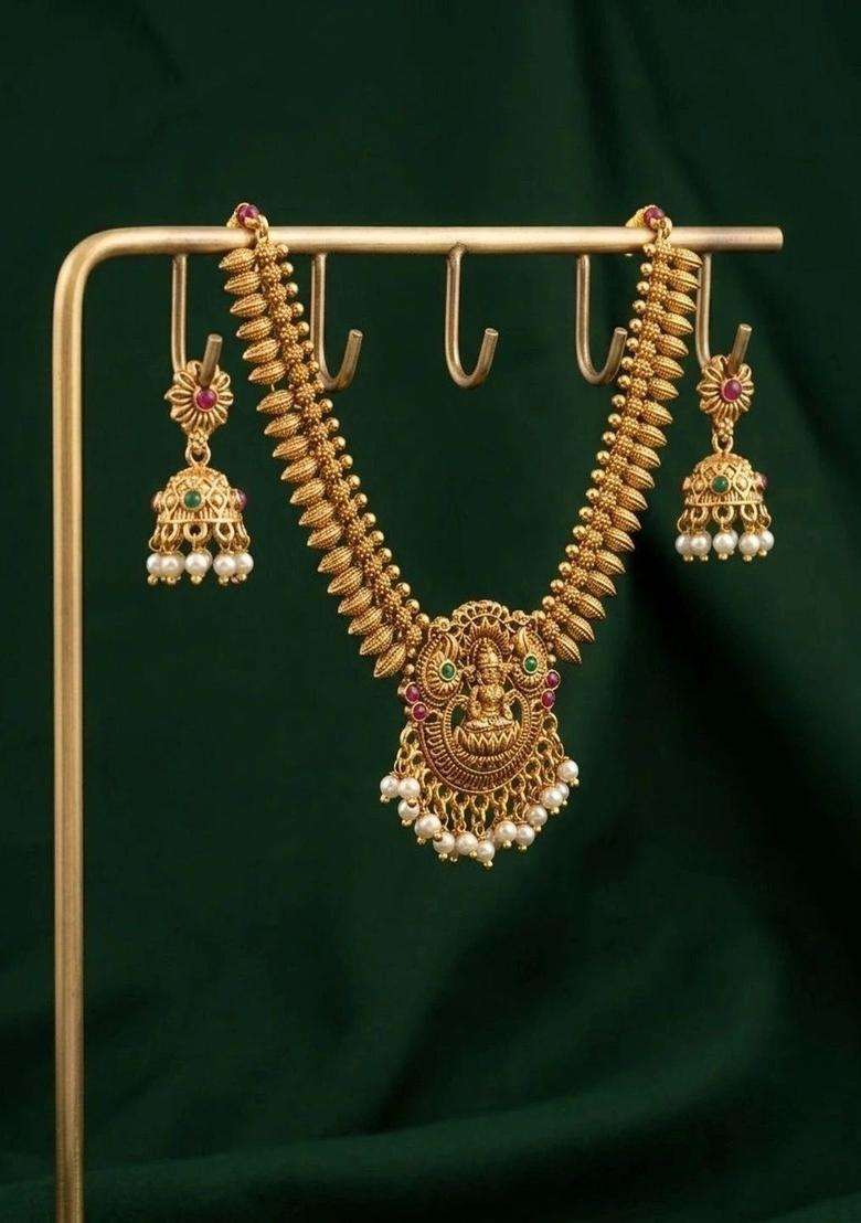Gold-Plated Temple Stone Studded & Beaded Necklace and Earrings for Women | Traditional Temple Jewellery for Wedding & Festive Wear | Gift for Her - Indya