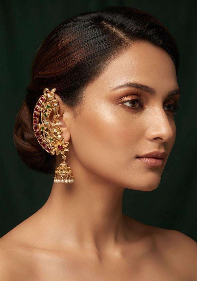 Gold-Plated Regular Crescent Shaped Earrings for Women | Traditional Temple Jewellery for Wedding & Festive Wear | Gift for Her - Indya