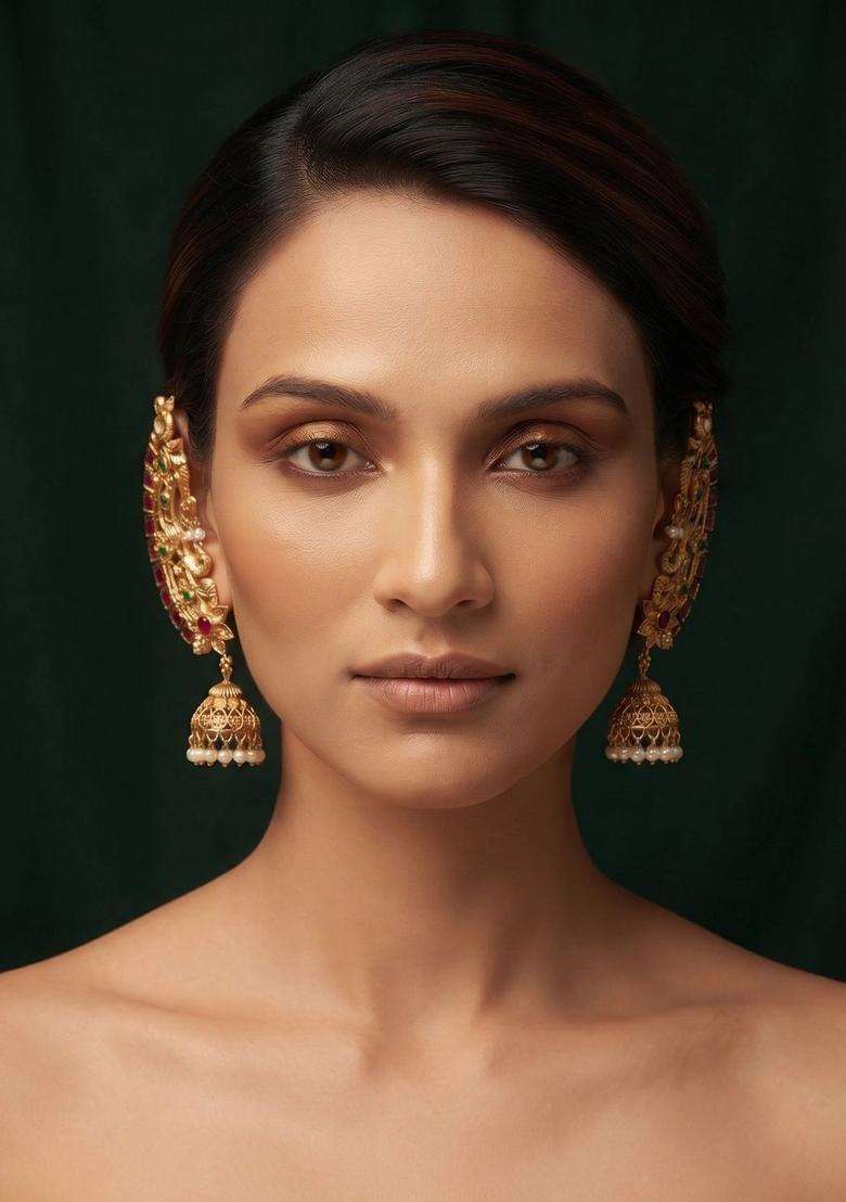 Gold-Plated Regular Crescent Shaped Earrings for Women | Traditional Temple Jewellery for Wedding & Festive Wear | Gift for Her - Indya