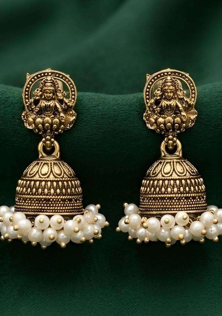 Gold-Plated Alloy Artificial Beads Beaded Dome Shaped Jhumkas for Women | Traditional Temple Jewellery for Wedding & Festive Wear | Gift for Her - Indya