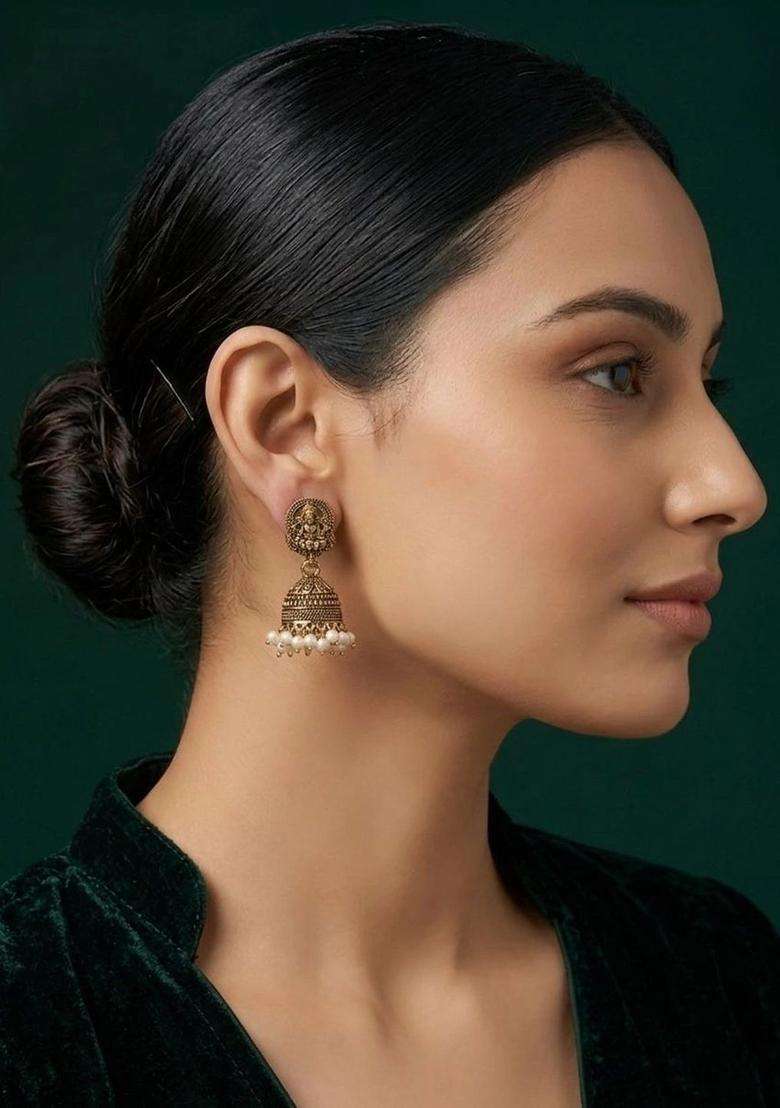 Gold-Plated Alloy Artificial Beads Beaded Dome Shaped Jhumkas for Women | Traditional Temple Jewellery for Wedding & Festive Wear | Gift for Her - Indya