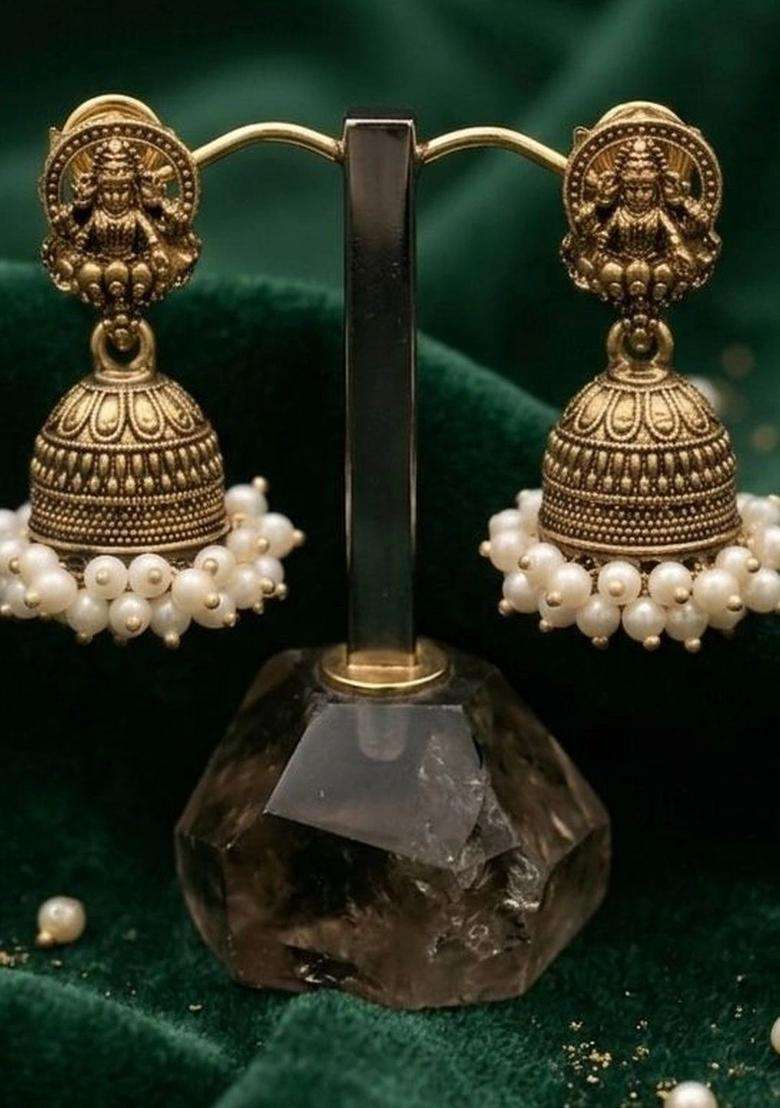 Gold-Plated Alloy Artificial Beads Beaded Dome Shaped Jhumkas for Women | Traditional Temple Jewellery for Wedding & Festive Wear | Gift for Her - Indya