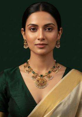Gold-Plated Temple Traditional Necklace and Earrings Jewellery Set with American Diamond for Women | Traditional Temple Jewellery for Wedding & Festive Wear | Gift for Her
