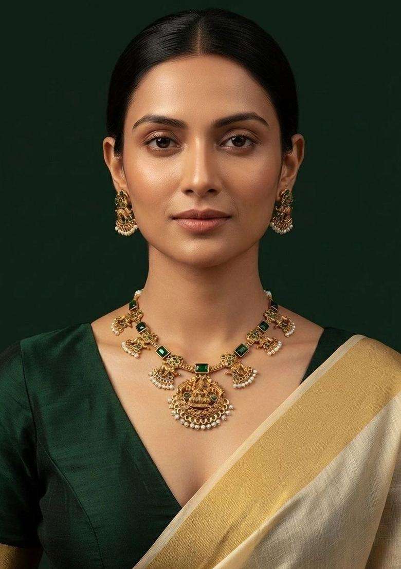 Gold-Plated Temple Traditional Necklace and Earrings Jewellery Set with American Diamond for Women | Traditional Temple Jewellery for Wedding & Festive Wear | Gift for Her - Indya