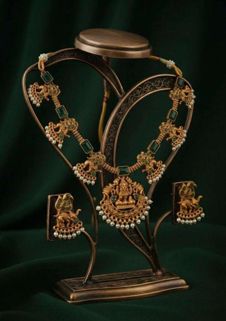 Gold-Plated Temple Traditional Necklace and Earrings Jewellery Set with American Diamond for Women | Traditional Temple Jewellery for Wedding & Festive Wear | Gift for Her - Indya
