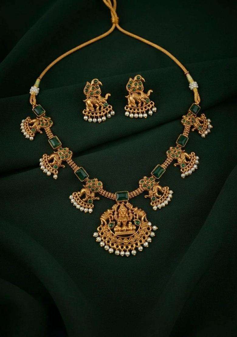 Gold-Plated Temple Traditional Necklace and Earrings Jewellery Set with American Diamond for Women | Traditional Temple Jewellery for Wedding & Festive Wear | Gift for Her - Indya