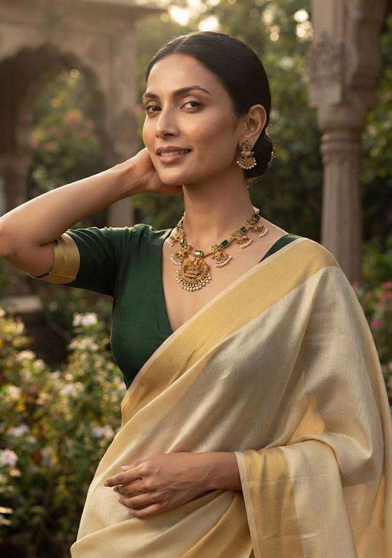 Gold-Plated Temple Traditional Necklace and Earrings Jewellery Set with American Diamond for Women | Traditional Temple Jewellery for Wedding & Festive Wear | Gift for Her - Indya
