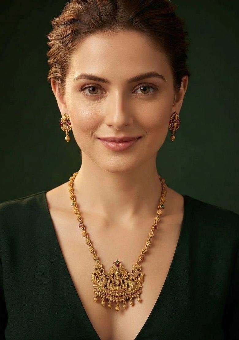 Gold-Plated Temple Jewellery Set with Matching Earrings for Women | Traditional Temple Jewellery for Wedding & Festive Wear | Gift for Her - Indya