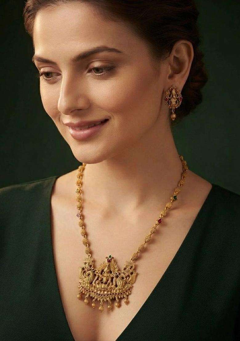 Gold-Plated Temple Jewellery Set with Matching Earrings for Women | Traditional Temple Jewellery for Wedding & Festive Wear | Gift for Her - Indya