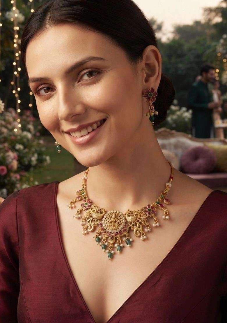 Gold-Plated Emerald & Pearl Beaded Divine Laxmi Motif Temple Necklace Set for Women | Traditional Temple Jewellery for Wedding & Festive Wear | Gift for Her - Indya