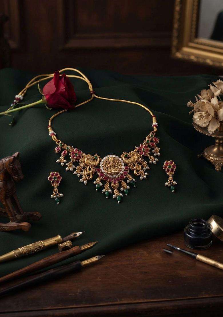 Gold-Plated Emerald & Pearl Beaded Divine Laxmi Motif Temple Necklace Set for Women | Traditional Temple Jewellery for Wedding & Festive Wear | Gift for Her - Indya