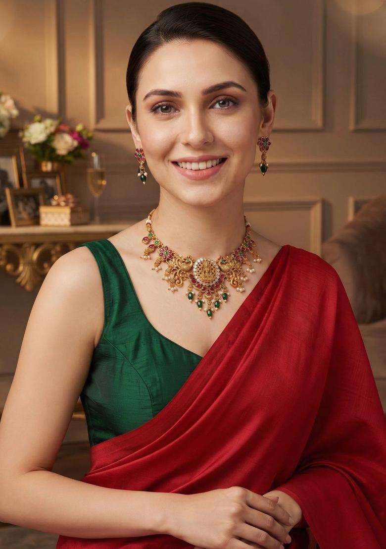 Gold-Plated Emerald & Pearl Beaded Divine Laxmi Motif Temple Necklace Set for Women | Traditional Temple Jewellery for Wedding & Festive Wear | Gift for Her - Indya