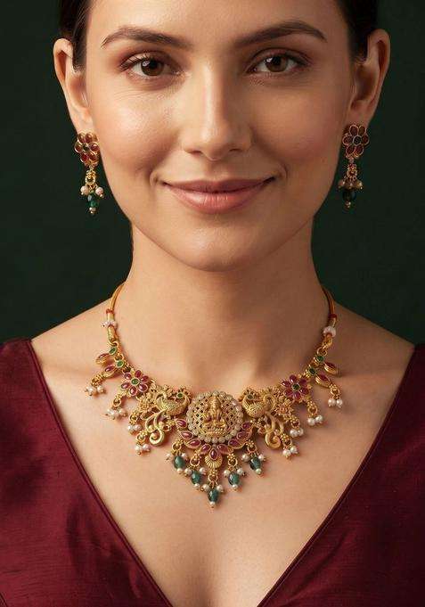 Gold-Plated Emerald & Pearl Beaded Divine Laxmi Motif Temple Necklace Set for Women | Traditional Temple Jewellery for Wedding & Festive Wear | Gift for Her