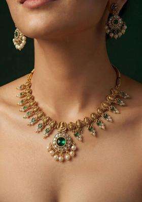 Gold-Plated Green Stone Studded & Beaded Necklace and Earrings for Women | Traditional Temple Jewellery for Wedding & Festive Wear | Gift for Her