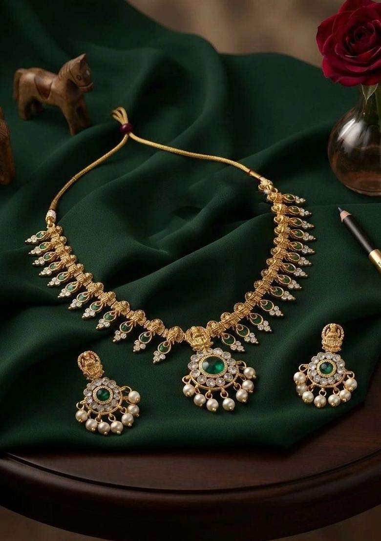 Gold-Plated Green Stone Studded & Beaded Necklace and Earrings for Women | Traditional Temple Jewellery for Wedding & Festive Wear | Gift for Her - Indya