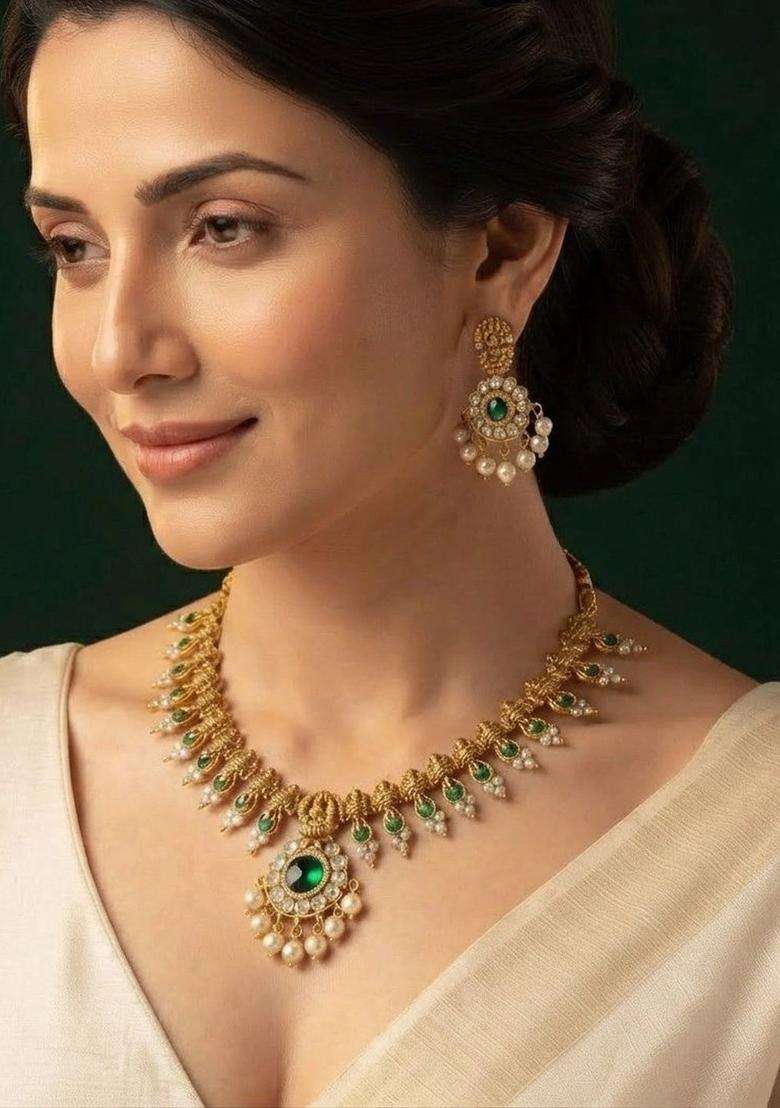 Gold-Plated Green Stone Studded & Beaded Necklace and Earrings for Women | Traditional Temple Jewellery for Wedding & Festive Wear | Gift for Her - Indya
