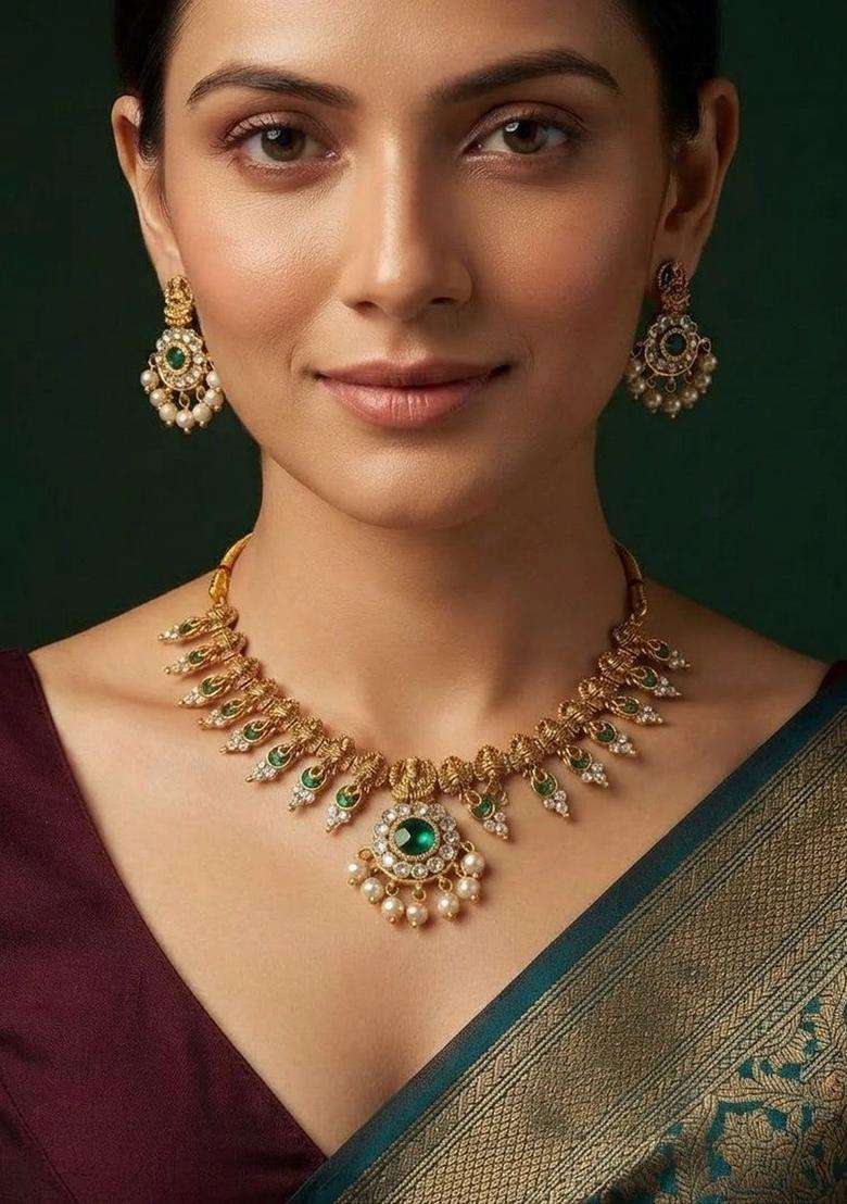 Gold-Plated Green Stone Studded & Beaded Necklace and Earrings for Women | Traditional Temple Jewellery for Wedding & Festive Wear | Gift for Her - Indya