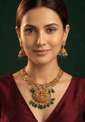 Gold-Plated Temple Stone Studded & Beaded Necklace and Earrings for Women | Traditional Temple Jewellery for Wedding & Festive Wear | Gift for Her