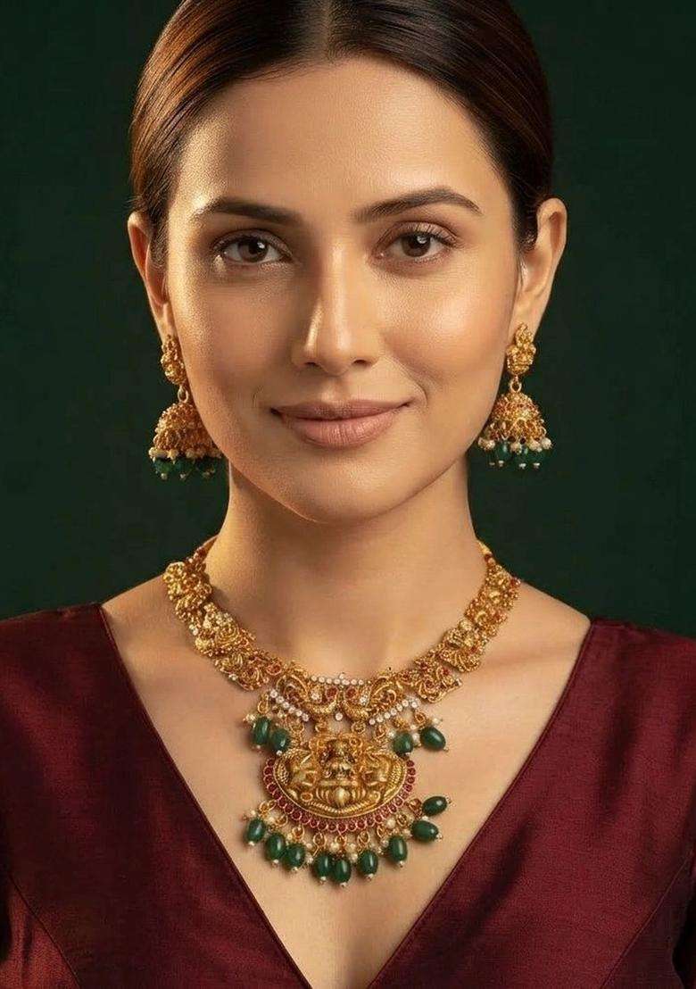 Gold-Plated Temple Stone Studded & Beaded Necklace and Earrings for Women | Traditional Temple Jewellery for Wedding & Festive Wear | Gift for Her - Indya