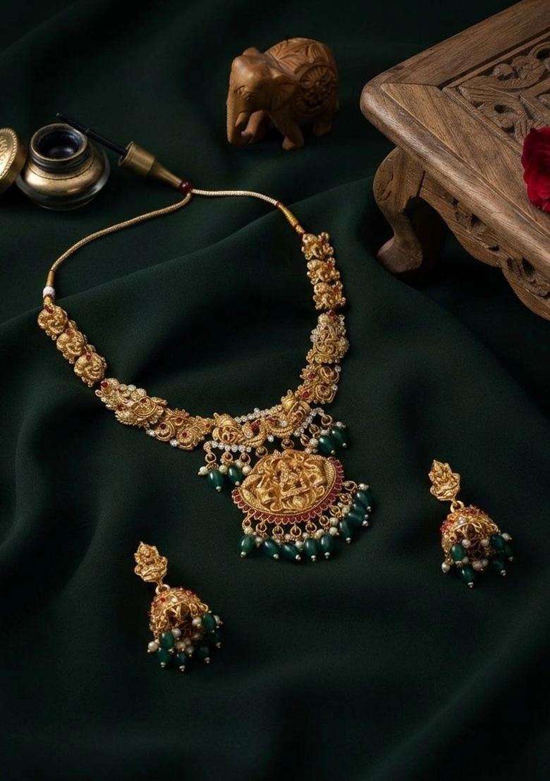 Gold-Plated Temple Stone Studded & Beaded Necklace and Earrings for Women | Traditional Temple Jewellery for Wedding & Festive Wear | Gift for Her - Indya