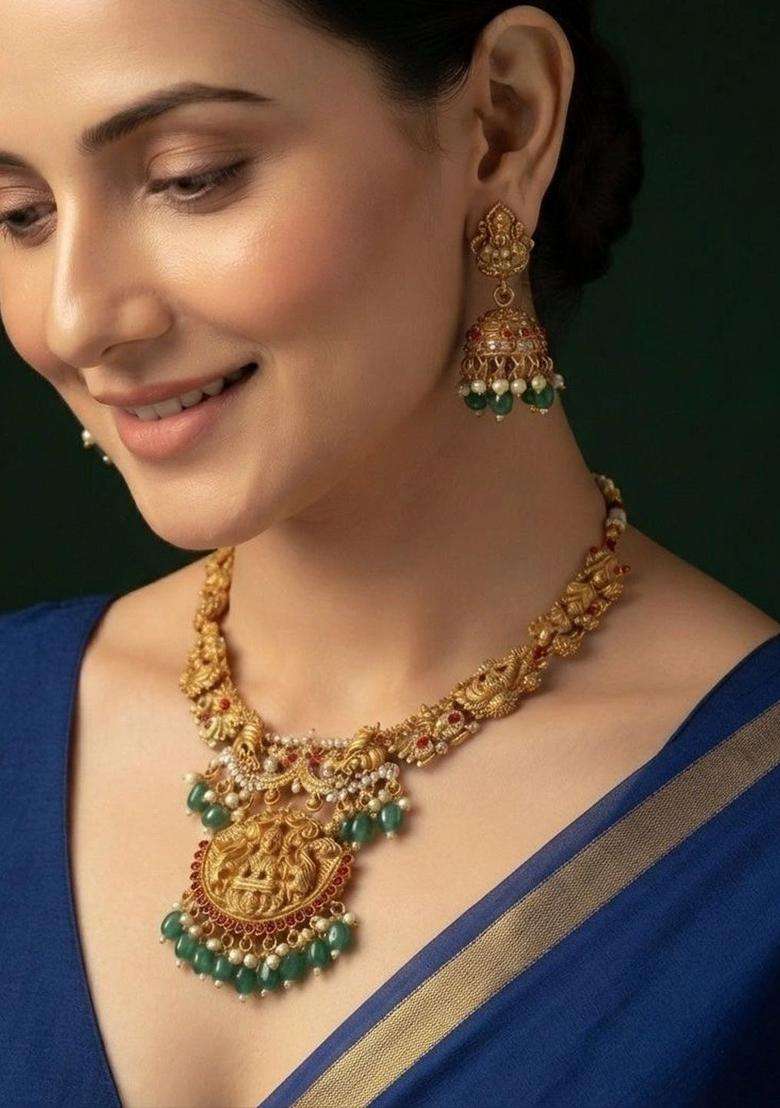 Gold-Plated Temple Stone Studded & Beaded Necklace and Earrings for Women | Traditional Temple Jewellery for Wedding & Festive Wear | Gift for Her - Indya