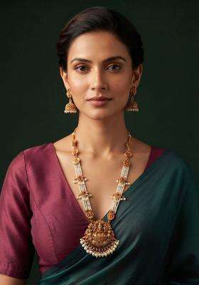Gold-Plated Temple Rani Har Necklace and Earrings Jewellery Set with Pearl for Women | Traditional Temple Jewellery for Wedding & Festive Wear | Gift for Her