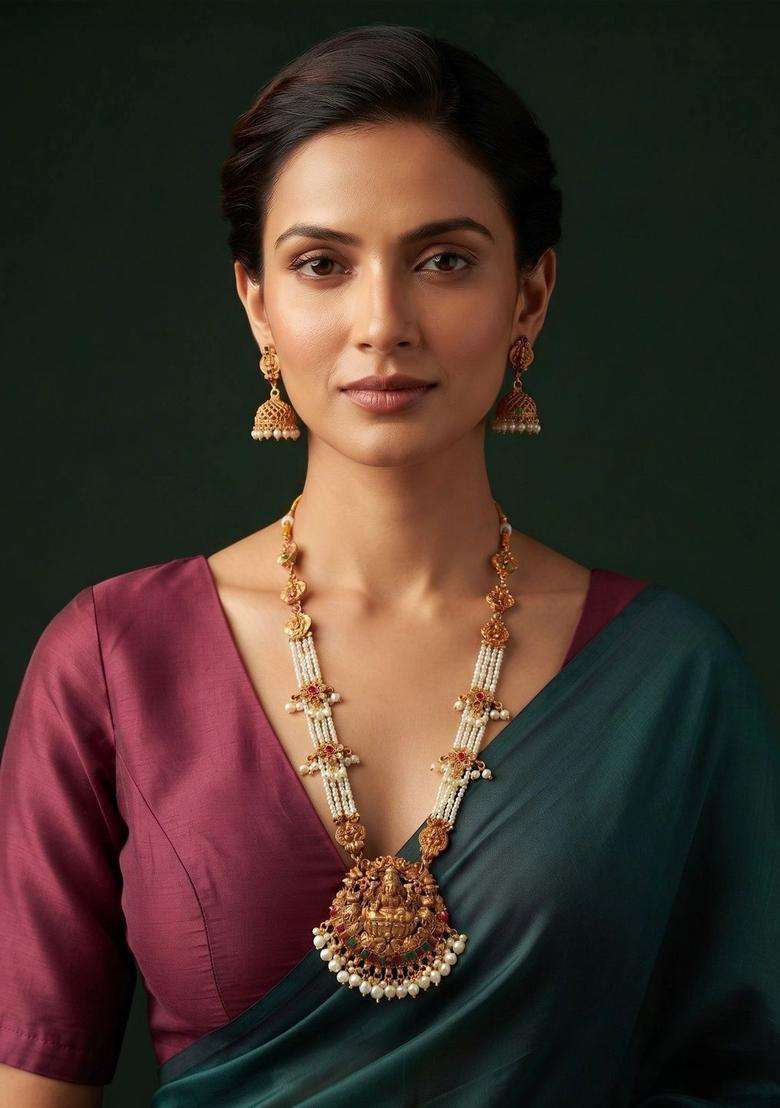 Gold-Plated Temple Rani Har Necklace and Earrings Jewellery Set with Pearl for Women | Traditional Temple Jewellery for Wedding & Festive Wear | Gift for Her - Indya