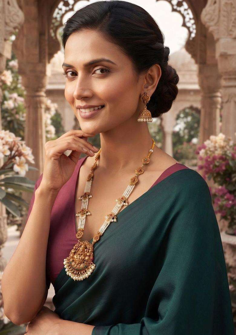 Gold-Plated Temple Rani Har Necklace and Earrings Jewellery Set with Pearl for Women | Traditional Temple Jewellery for Wedding & Festive Wear | Gift for Her - Indya