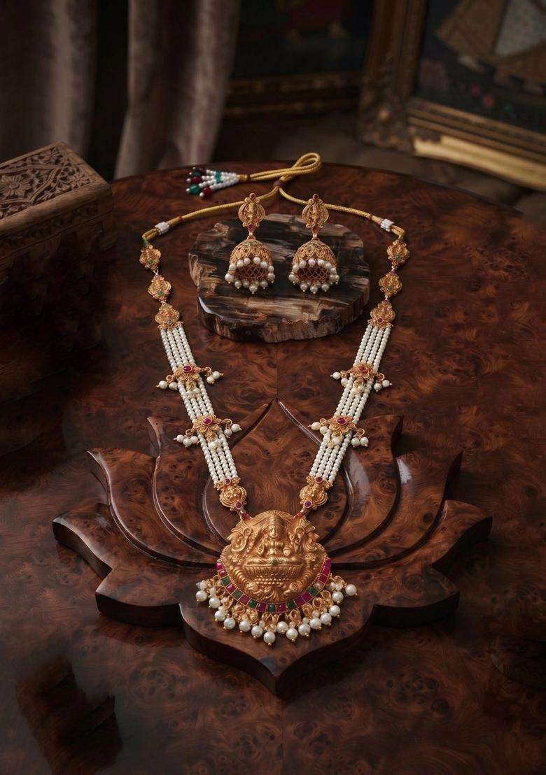 Gold-Plated Temple Rani Har Necklace and Earrings Jewellery Set with Pearl for Women | Traditional Temple Jewellery for Wedding & Festive Wear | Gift for Her - Indya