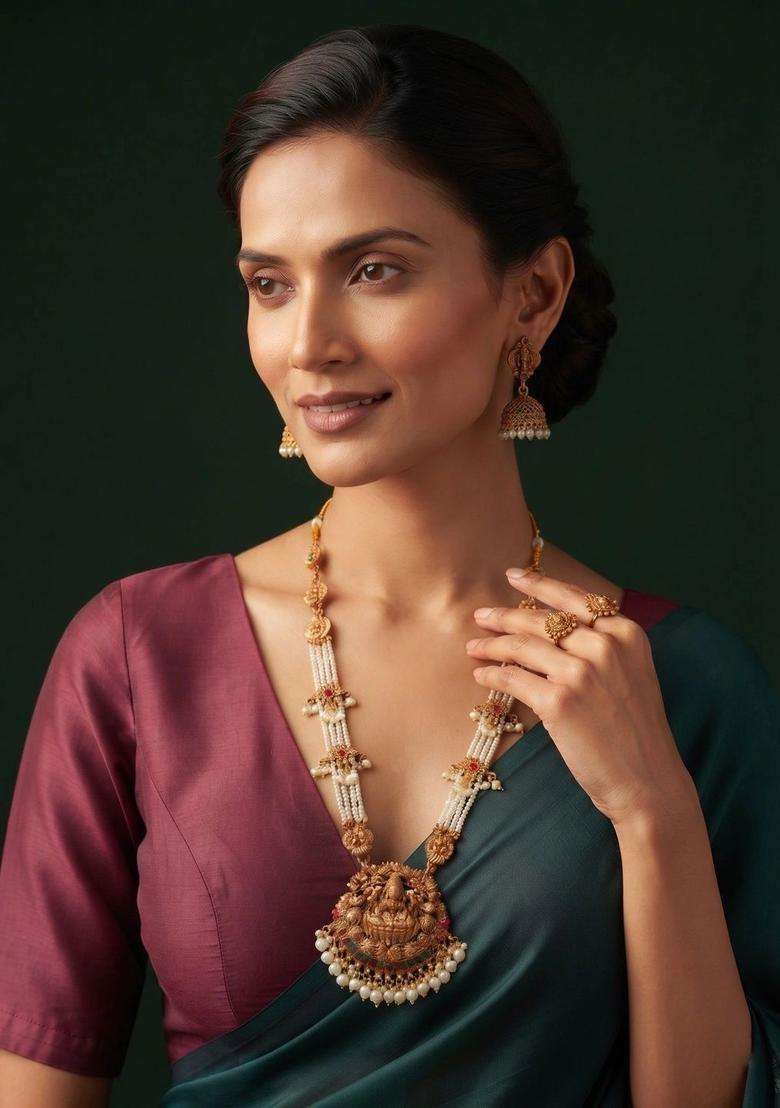 Gold-Plated Temple Rani Har Necklace and Earrings Jewellery Set with Pearl for Women | Traditional Temple Jewellery for Wedding & Festive Wear | Gift for Her - Indya