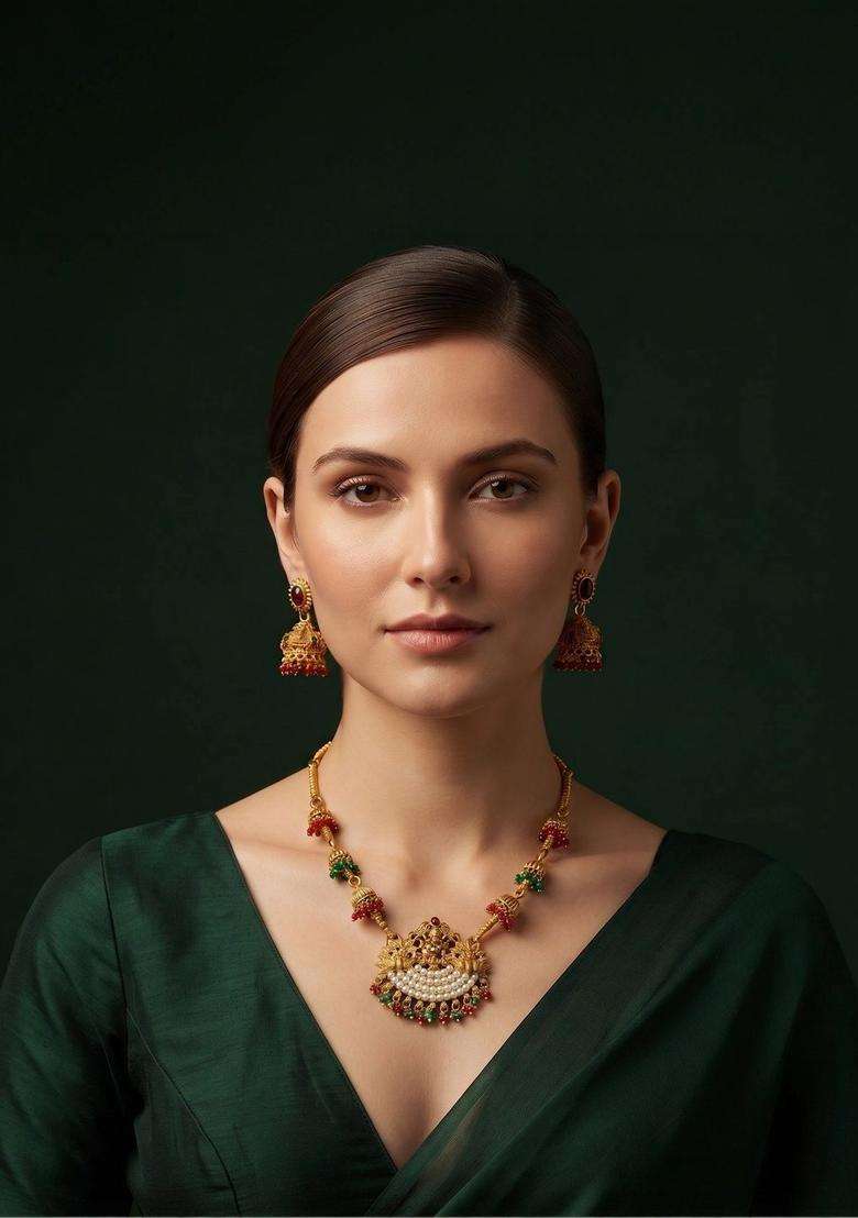 Gold-Plated Temple Pearl Necklace and Earrings for Women | Traditional Temple Jewellery for Wedding & Festive Wear | Gift for Her - Indya