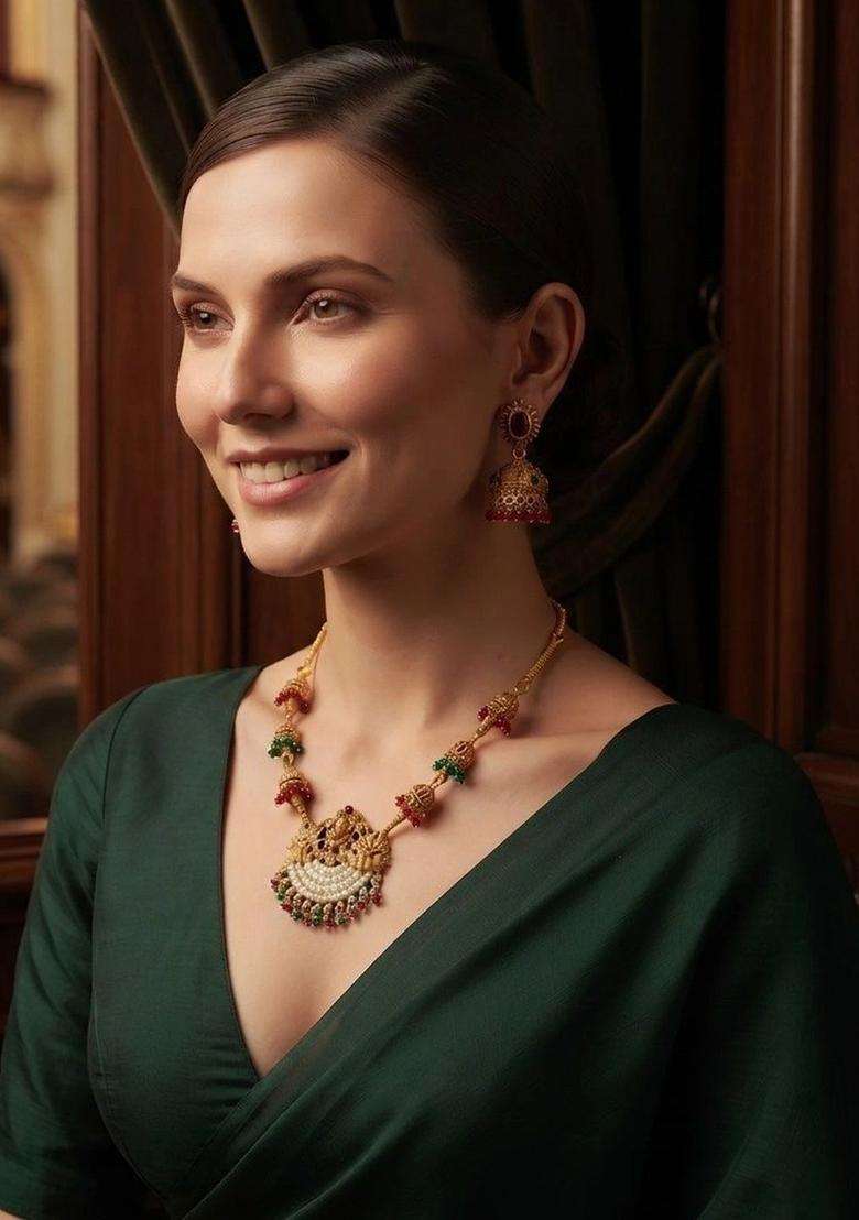 Gold-Plated Temple Pearl Necklace and Earrings for Women | Traditional Temple Jewellery for Wedding & Festive Wear | Gift for Her - Indya