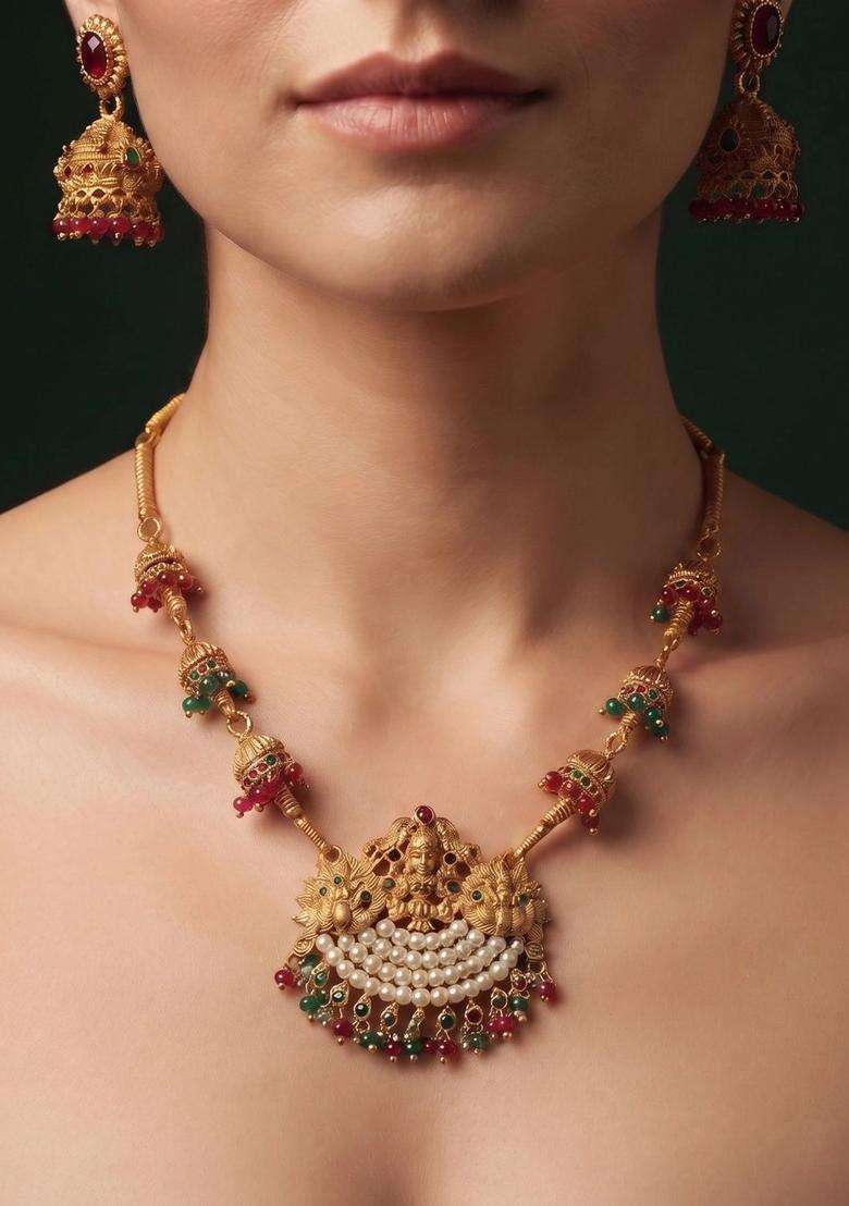 Gold-Plated Temple Pearl Necklace and Earrings for Women | Traditional Temple Jewellery for Wedding & Festive Wear | Gift for Her - Indya