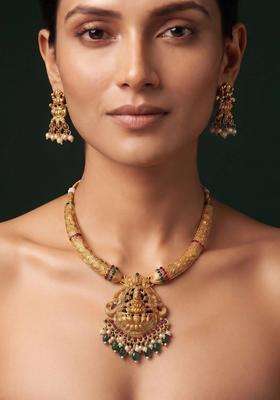 Gold-Plated Temple Pearl Necklace and Earrings for Women | Traditional Temple Jewellery for Wedding & Festive Wear | Gift for Her