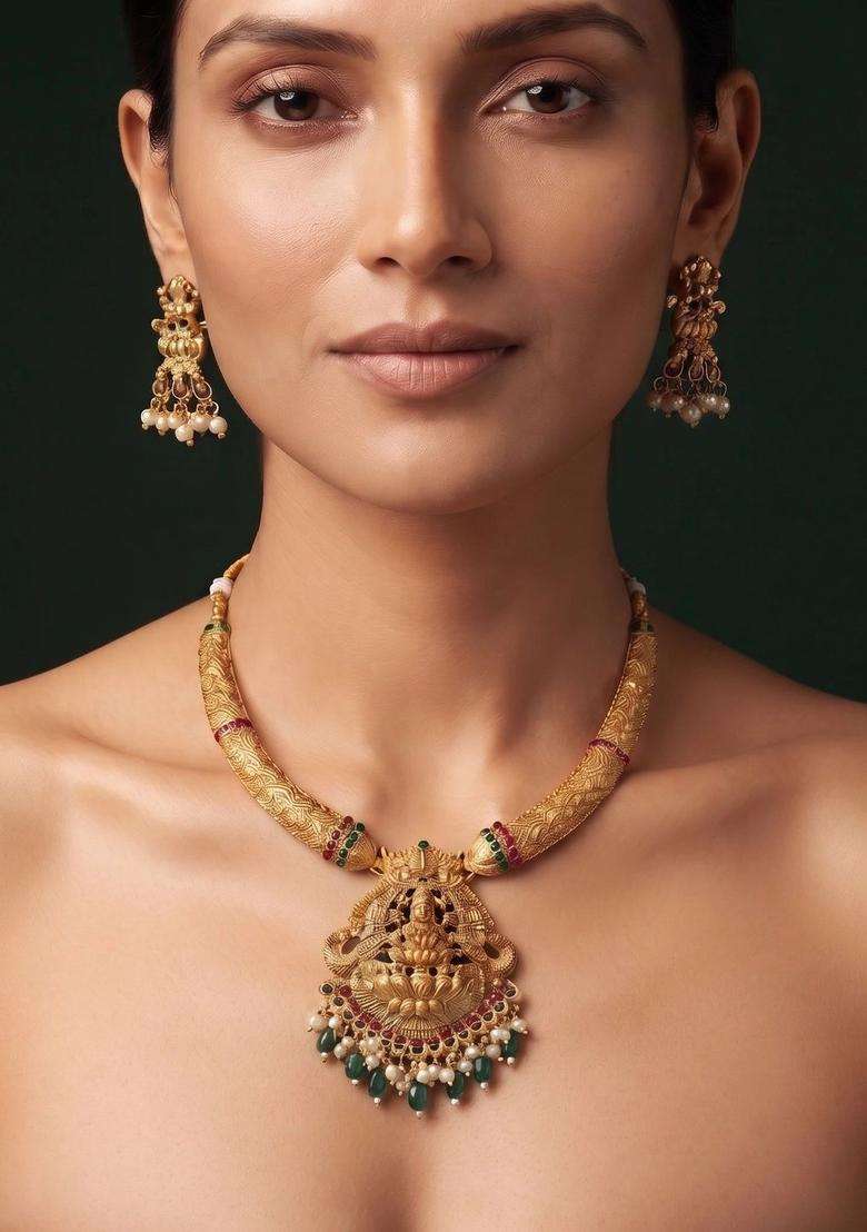Gold-Plated Temple Pearl Necklace and Earrings for Women | Traditional Temple Jewellery for Wedding & Festive Wear | Gift for Her - Indya