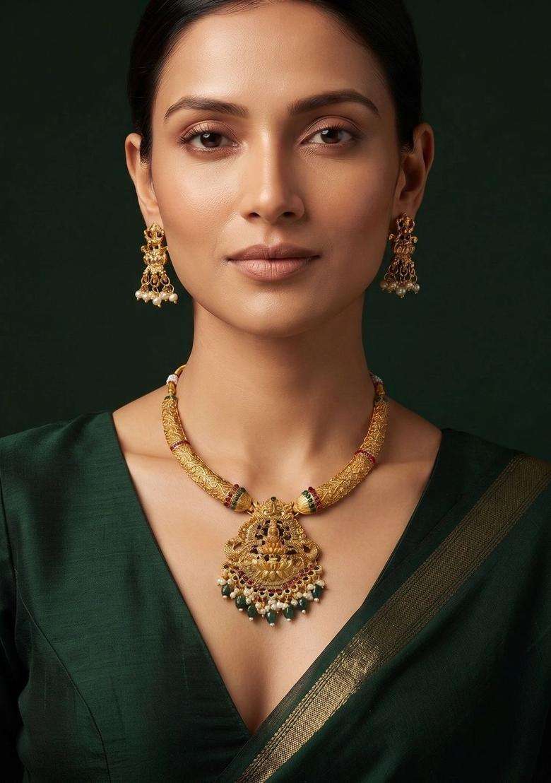 Gold-Plated Temple Pearl Necklace and Earrings for Women | Traditional Temple Jewellery for Wedding & Festive Wear | Gift for Her - Indya