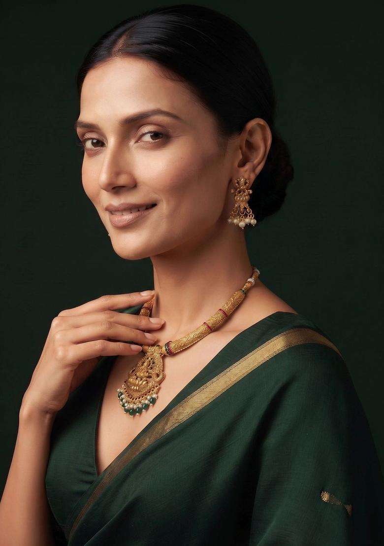 Gold-Plated Temple Pearl Necklace and Earrings for Women | Traditional Temple Jewellery for Wedding & Festive Wear | Gift for Her - Indya