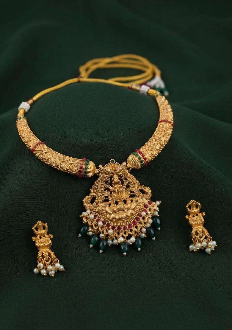 Gold-Plated Temple Pearl Necklace and Earrings for Women | Traditional Temple Jewellery for Wedding & Festive Wear | Gift for Her - Indya