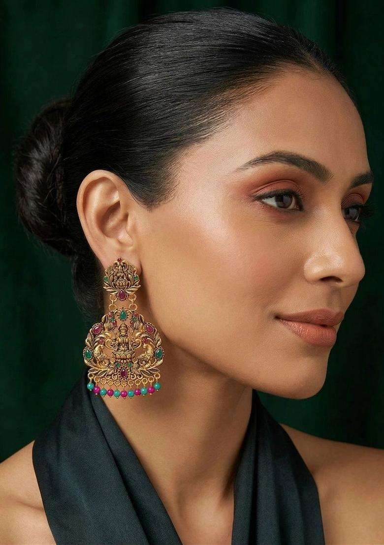 Gold-Plated Teardrop Shaped Drop Earrings for Women | Traditional Temple Jewellery for Wedding & Festive Wear | Gift for Her - Indya