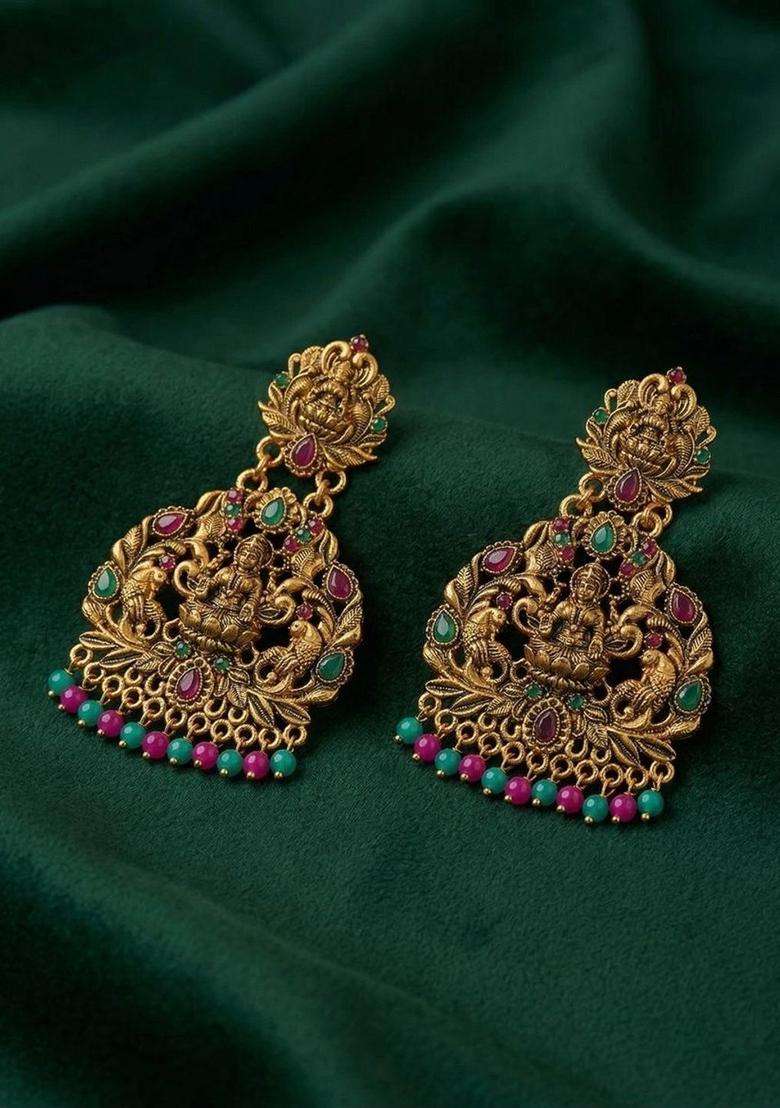 Gold-Plated Teardrop Shaped Drop Earrings for Women | Traditional Temple Jewellery for Wedding & Festive Wear | Gift for Her - Indya