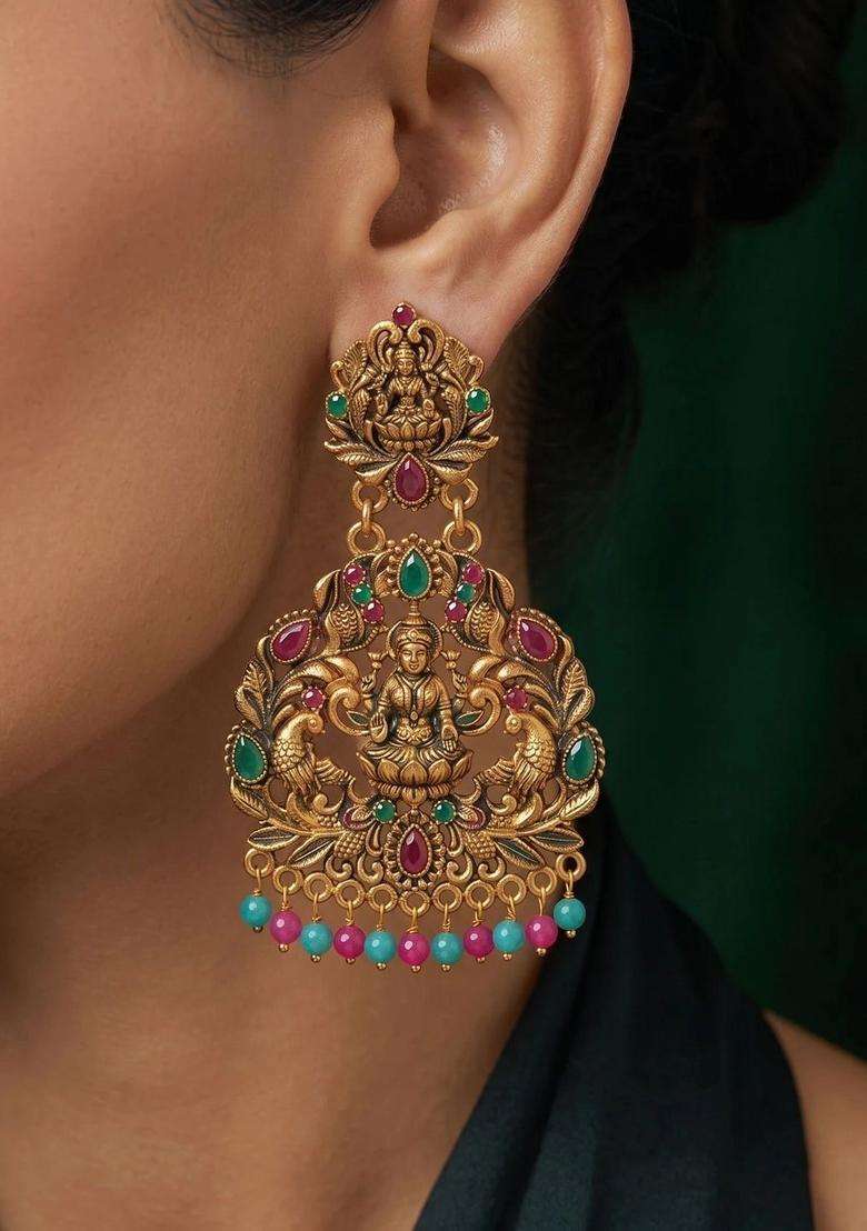 Gold-Plated Teardrop Shaped Drop Earrings for Women | Traditional Temple Jewellery for Wedding & Festive Wear | Gift for Her - Indya